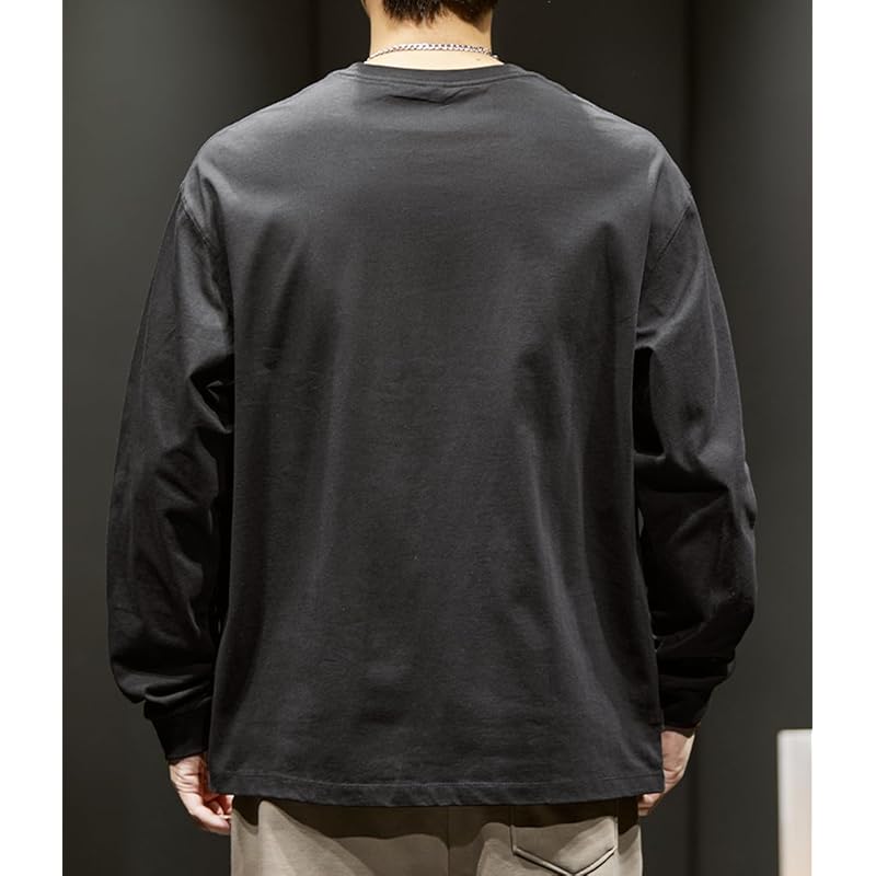 [EASTEMPO] t-shirt men's spring long sleeve Fashionable cotton Plain color casual Relaxing large size (JP, alphabet, XL, black)