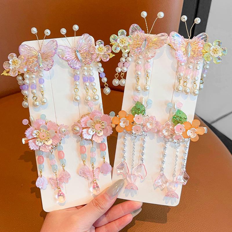 Children's Traditional Hanfu Headdress Hair Clips with Tassels - Handmade Pair for Girls