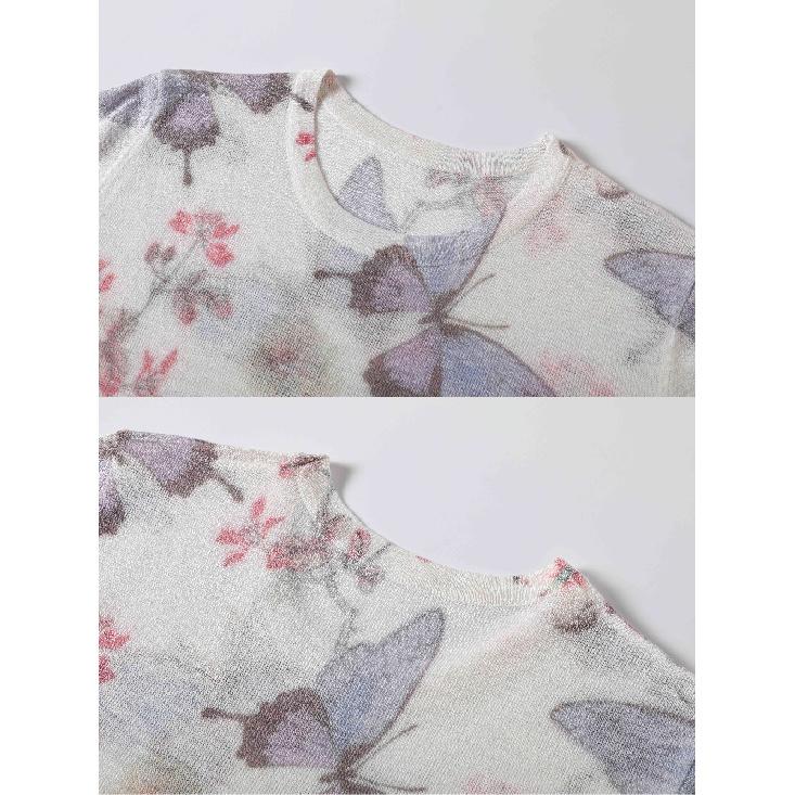 Women Summer Short Sleeve Knitted Sweater V-Neck Lightweight Pullover Tops Elegant Butterfly Floral Print