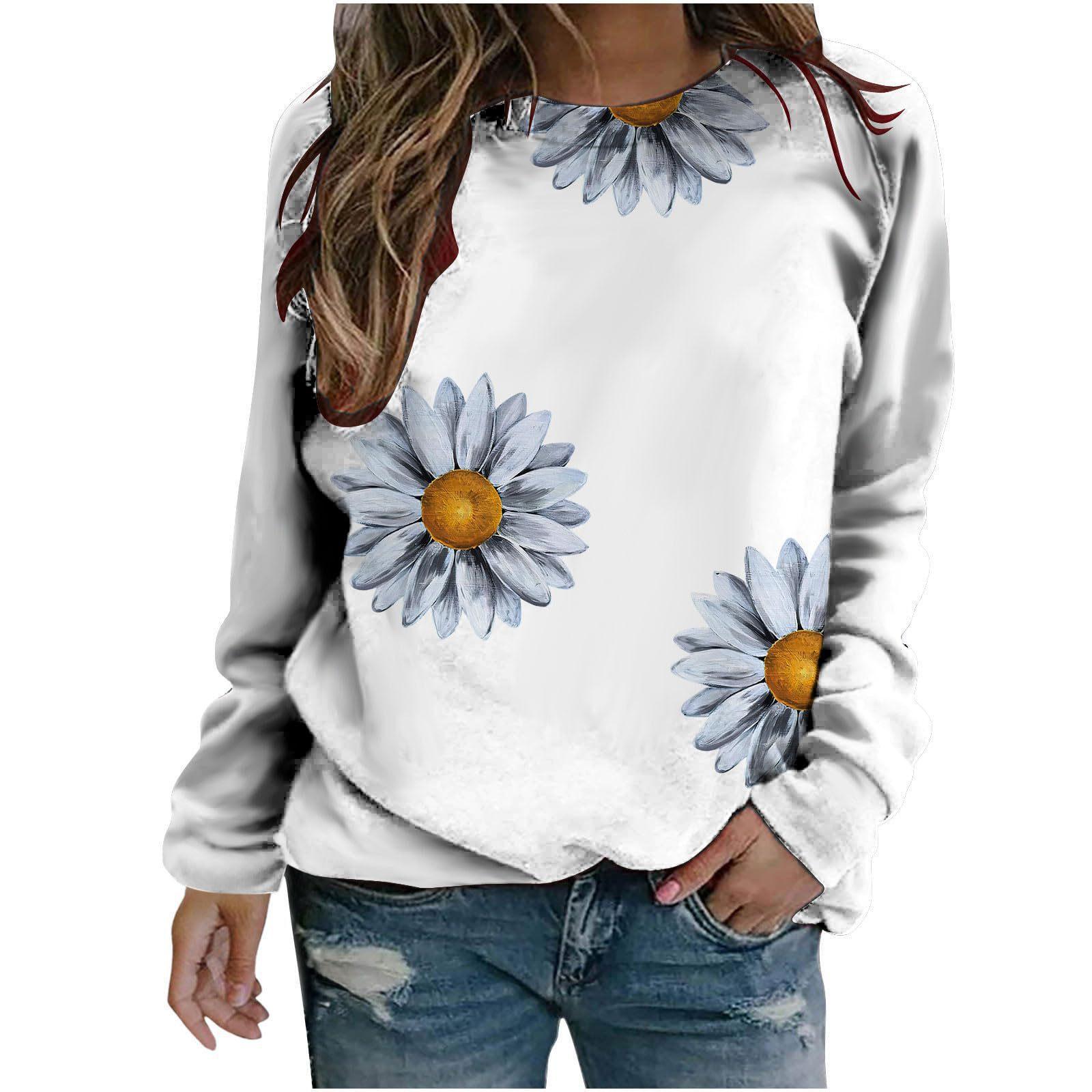 

2024 Европейская Американская Женская Футболка с Круглым Вырезом и 3D-принтом в виде Цветка Маргаритки, Повседневная Модная Футболка Реглан XXL