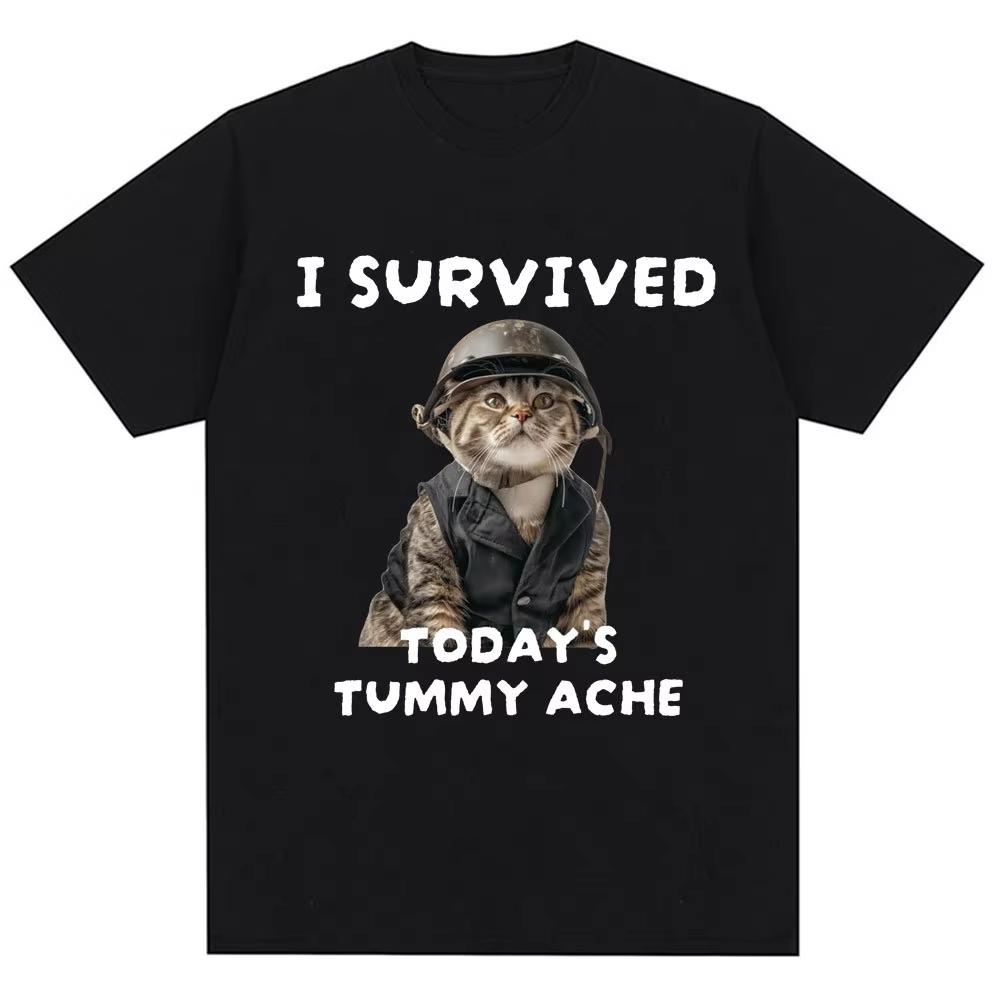 Thousand Yard Stare Cat Funny I Survived Meme Tshirt Humor Style Vintage T Shirt Men Women Oversized Casual Streetwear Daily