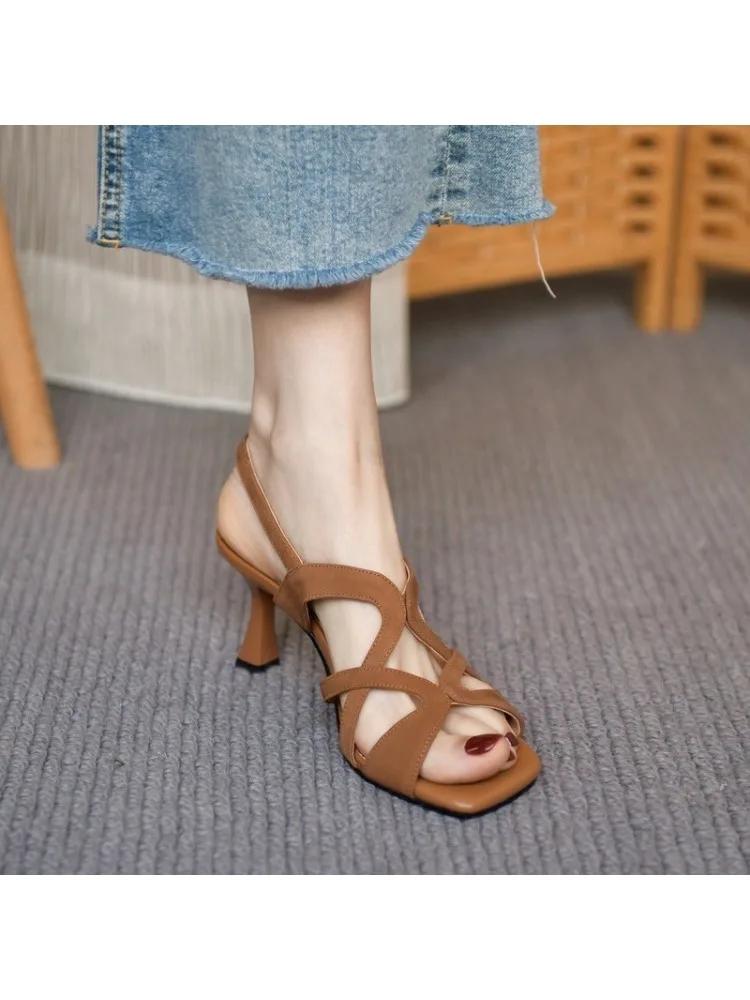 Fashion 2025 Summer New Square Toe Open Toe Women's Sandals Back Trip Strap Cutout Stiletto Versatile Silver Pump Shoes