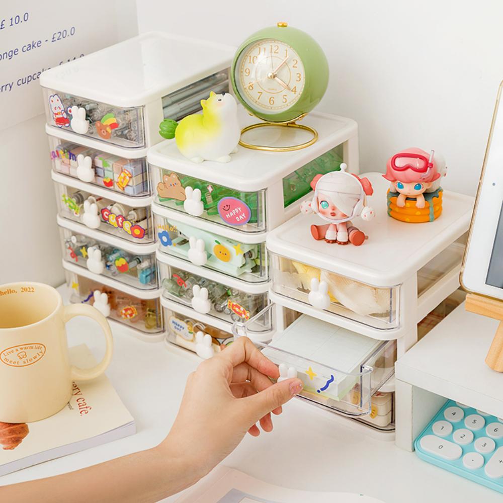 Kawaii Desktop Stationery Storage Box Organizer Drawer Pen Holder Makeup Cosmetic Plastic Drawer Storage Box Desk Organizer Cute