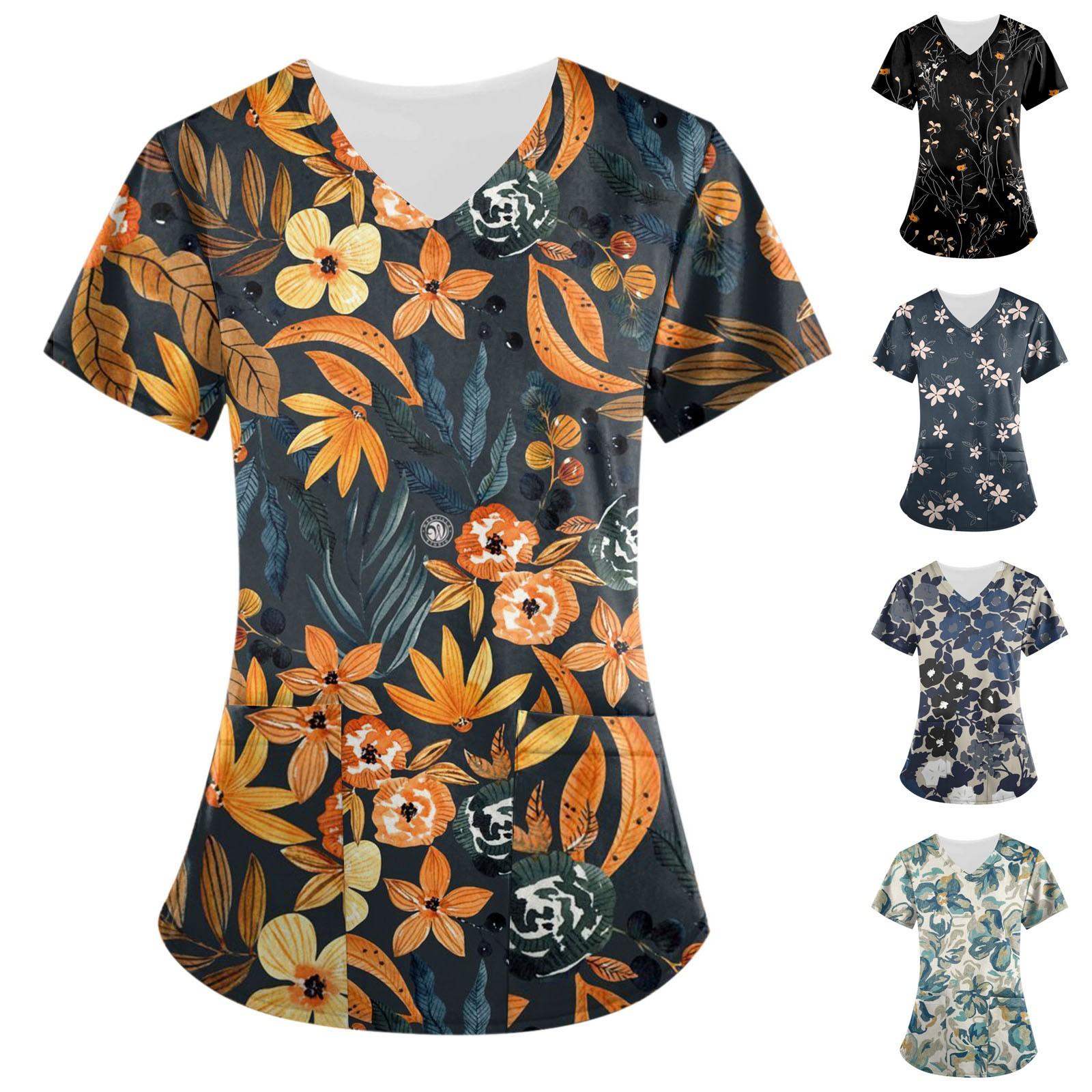 

Женские топы с короткими рукавами и v-образным вырезом с цветочным принтом, рабочая униформа, карманная блузка