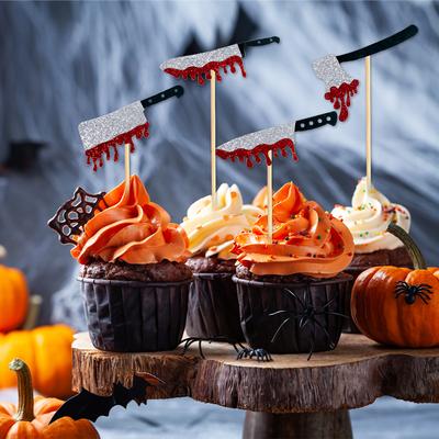 12/24pcs Glitter Bloodstain Knife Cupcake Topper Halloween Cake Decor Halloween Party Decoration Food Baking Bread Fruit Picks