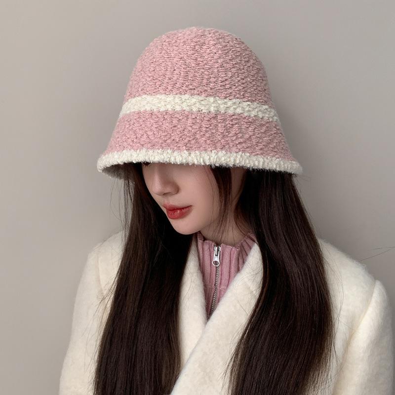 Autumn and winter big head circumference hat female plain bucket hat female winter warm washbasin hat solid color striped bucket hat