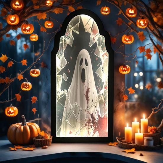 Halloween Hologram Ghost Mirror Spooky Blood Ghost Mirror with LED Light for Bedroom Kitchen Haunted House Decor