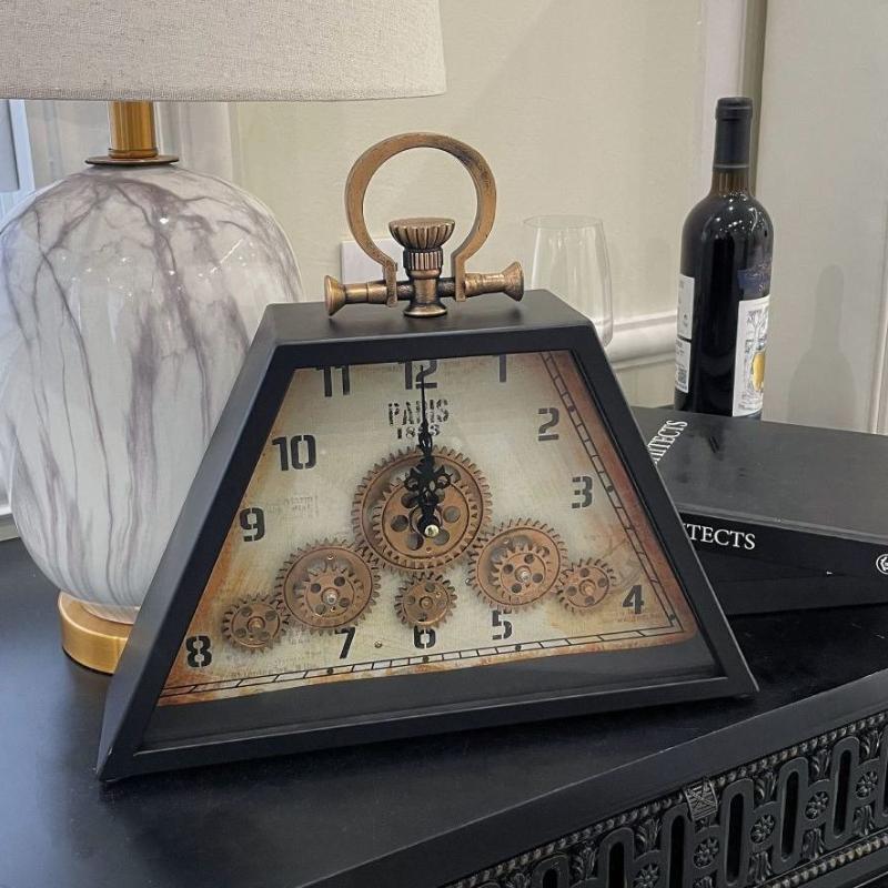 Antique Table Clock Retro Metal Silent Desktop Clocks Desk Clock with Rotating Gear Living Room Decoration and Accessories