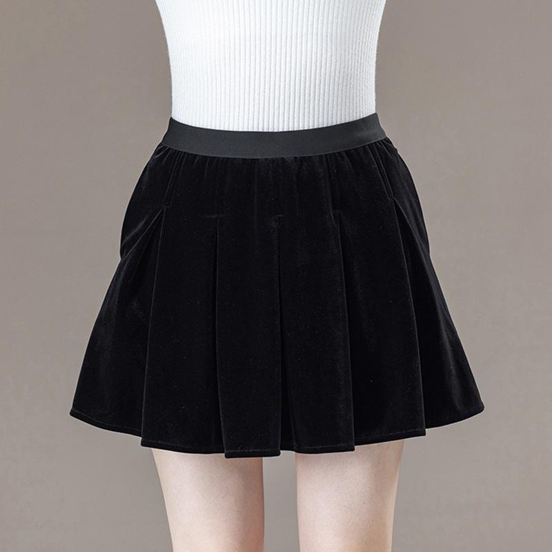 Women s Black Velvet A-Line Pleated Skirt, Elastic Waist, Elegant for Autumn/Winter 2025 M чёрный