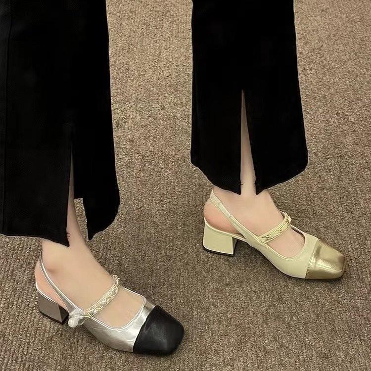 Coarse Heel High Heel Baotou Sandals 2025 Summer Pearl Chain Back Empty Women's French Medium Heel Mary Jane Single Shoes Women