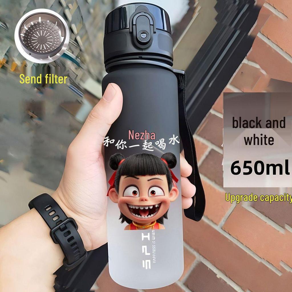 Nezha Student Water Bottle: Portable, Food-Grade Plastic for Direct Drinking, Unisex School Cup