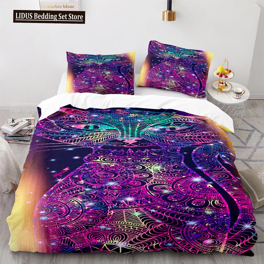 Cat Duvet Cover Set King Size Cute Cats Pattern Bedding Set Decorative Animal Polyester Comforter Cover With Pillowcases For Kid
