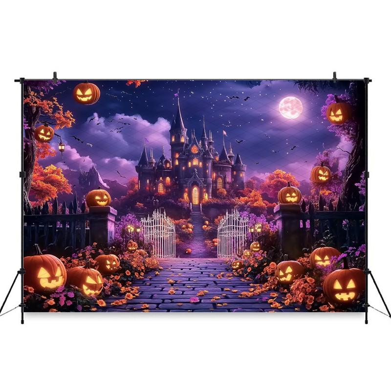 Mocsicka Halloween Photography Background Purple Sky Castle Bat Autumn Leaf Pumpkin Party Decorations Baby Photo Backdrop Banner