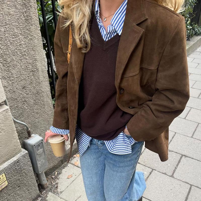 Vintage Jednobarevné Dámské Kabáty Dlouhý Rukáv Jednořadé Dámská Bunda Módní Ležérní Podzimní Klopový Límec Volný Dámský Kabát