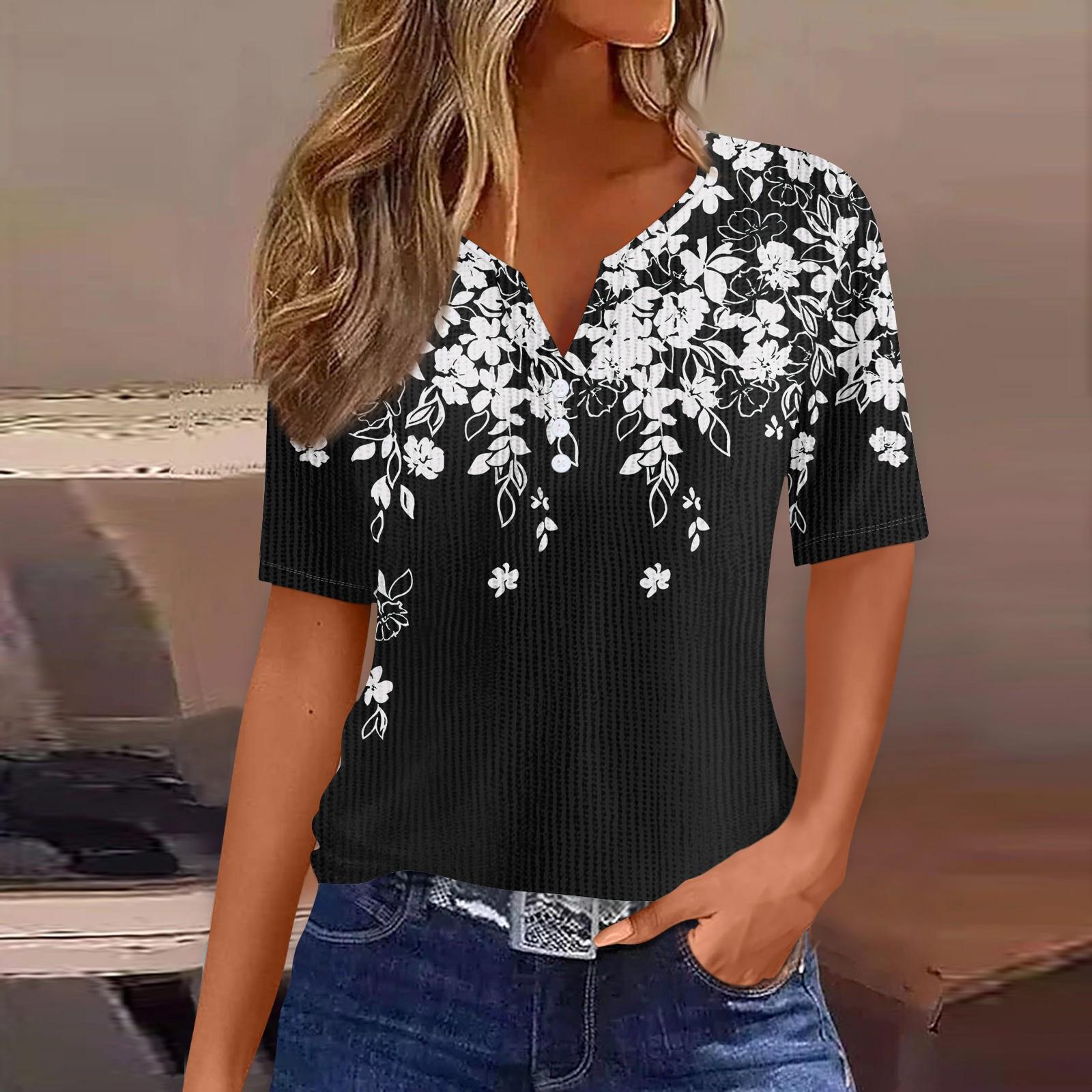 

Футболки для женщин, плиссированные, с V-образным вырезом, нарядные, повседневные блузки с принтом, короткие рукава, летние топы, свободный крой L чёрный