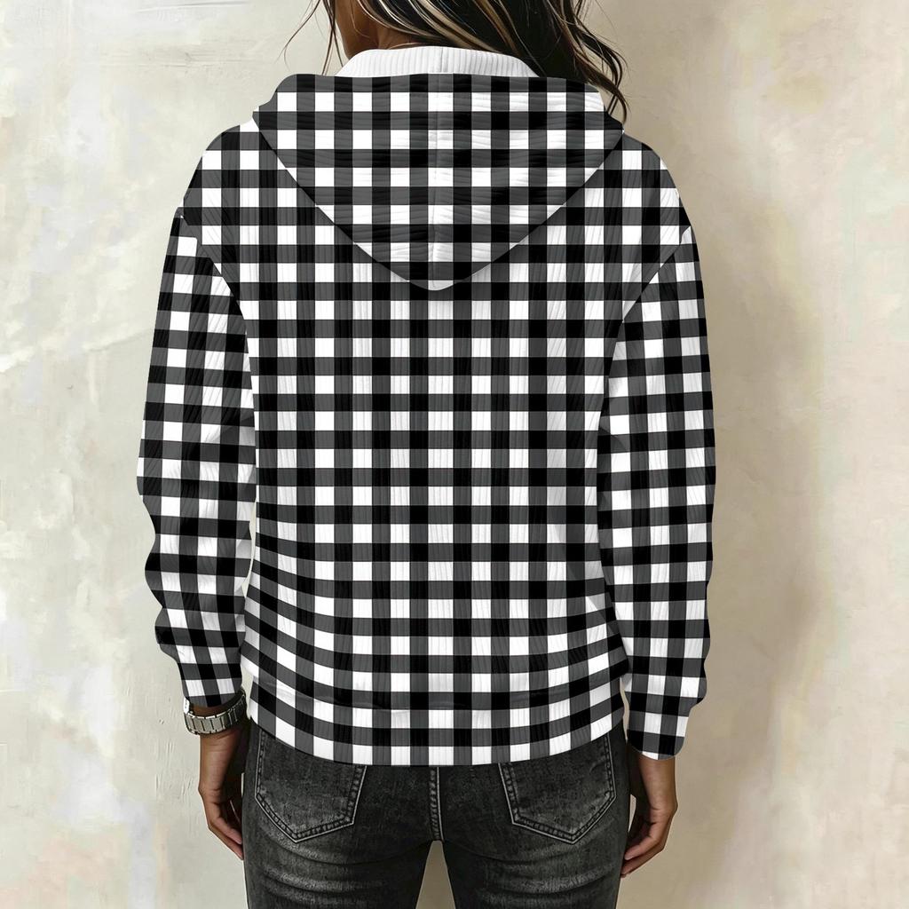 Women's Long Sleeve Drawstring Hoodie with Striped Plaid Print Pullover Sweatshirt
