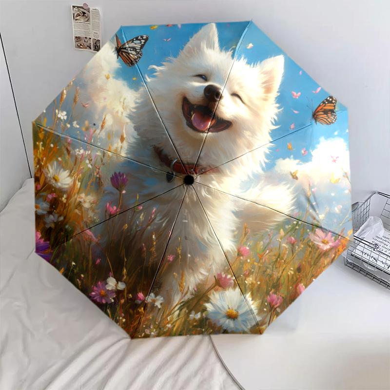 Happy Samoyed Pattern, Automatic Folding Umbrella, Portable and Foldable Design, 8 Ribs, a Christmas or Birthday Gift.