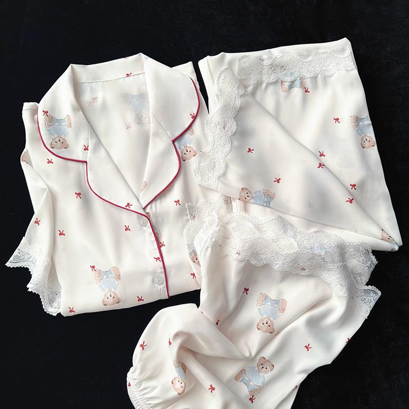Sweet Princess Wind Bear Print Can Be Worn Outside Short-Sleeved Pajamas Loungewear Three-Piece Set