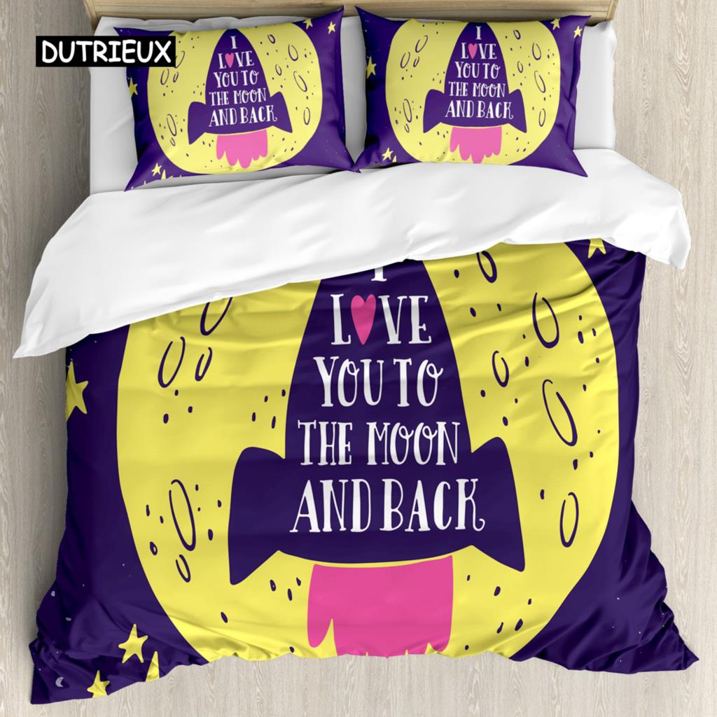 I Love You Duvet Cover Hand Drawn I Love You To The Moon and Back Words with Stars Celebration King Size Polyester Bedding Set