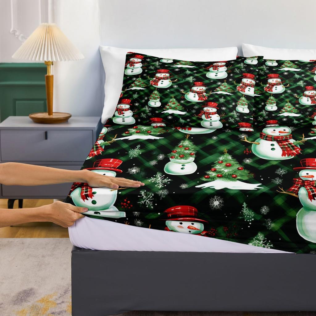 Rutigt jul-snögubbe sängset i polyester, mjukt bekvämt formsytt lakan och örngott, 20x30 tum, flera storlekar