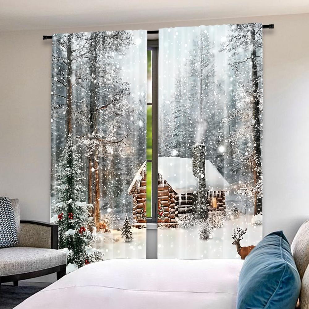 Set Of 2 Flat Printing Christmas Hot Curtains Wintercabin Digital Printed Polyester Drapes Festive Perfect Curtain