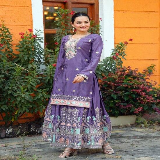 Festive Purple Sharara Dress with Multi-Color Embroidery