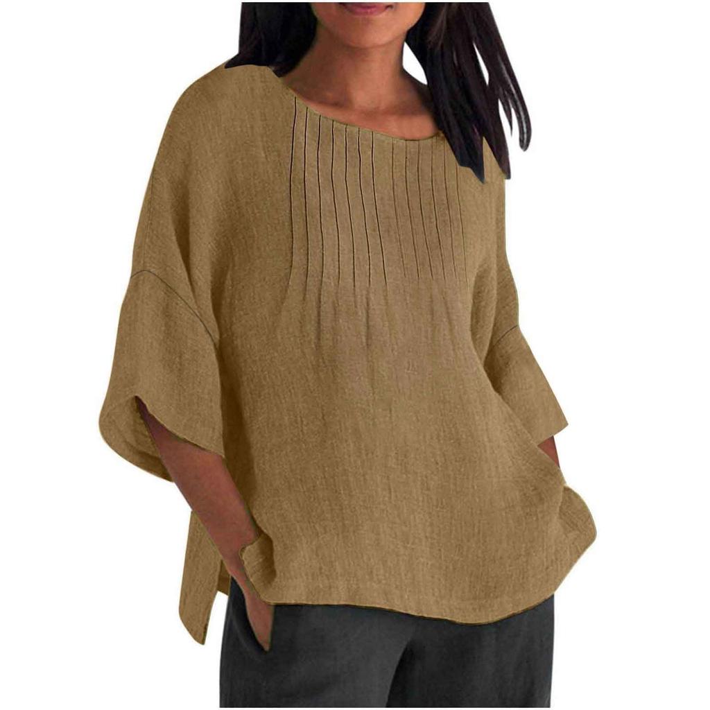 Seven Quarter Sleeve Pleated Round Neck Top Cotton and Linen Women’s Blouses & Shirts