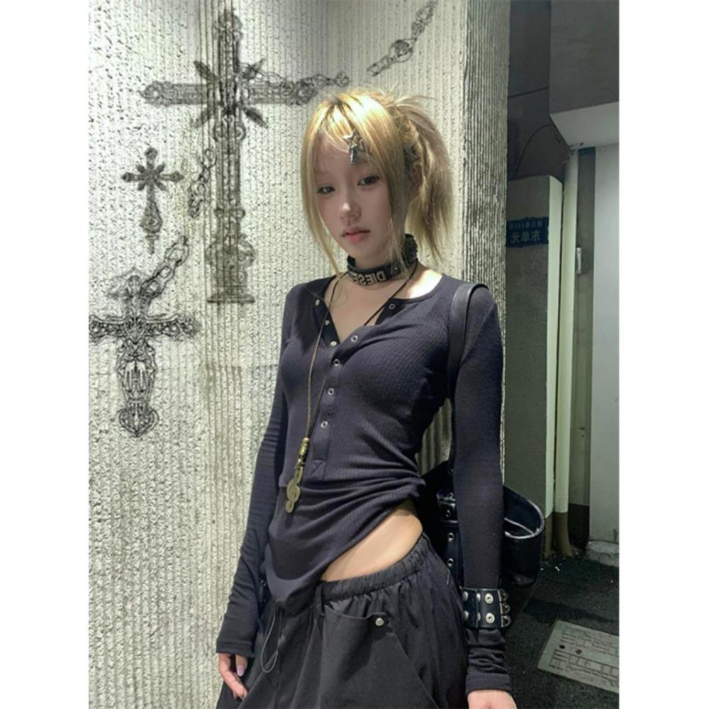 VAYLA Y2k Japonské tričko Dámské Krajkové Dlouhý rukáv Potisk Grafické topy Streetwear Americký Retro 90. léta Crop topy