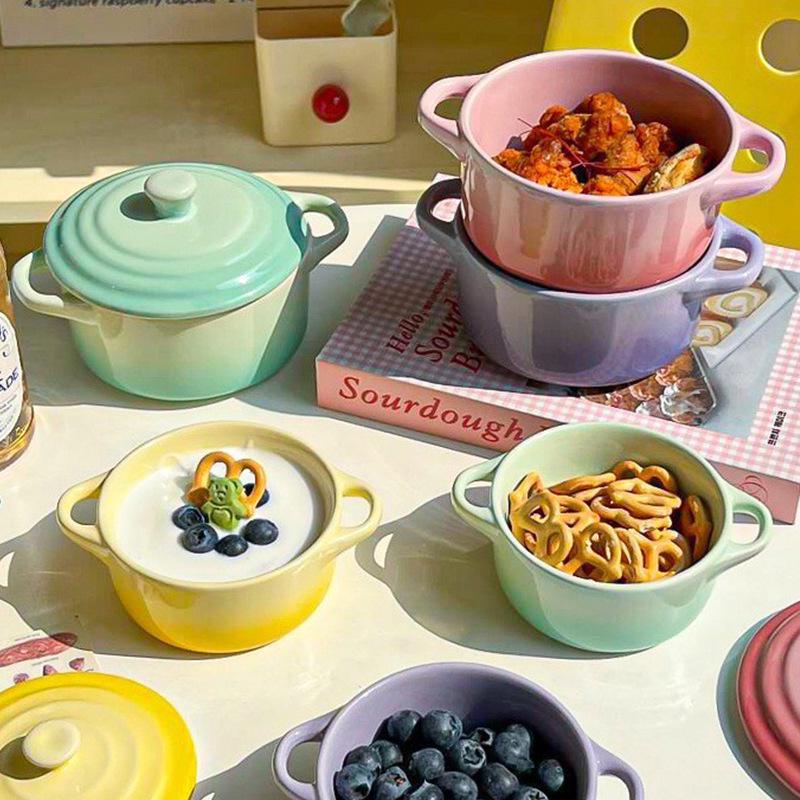 Gradient Ceramic Underglaze Stew Pot with Lid - Double Ear Bowl for Soup, Stews, or Steamed Eggs