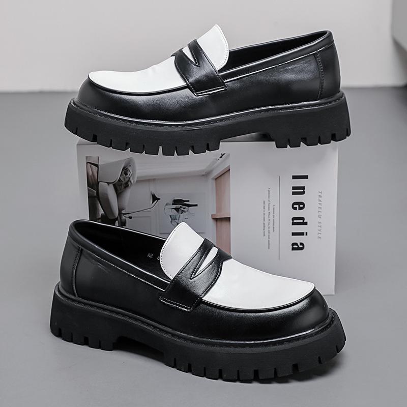 Four Seasons Men's Thick-Soled Black & White Tassel Loafers – Low-Top Leather Casual Shoes