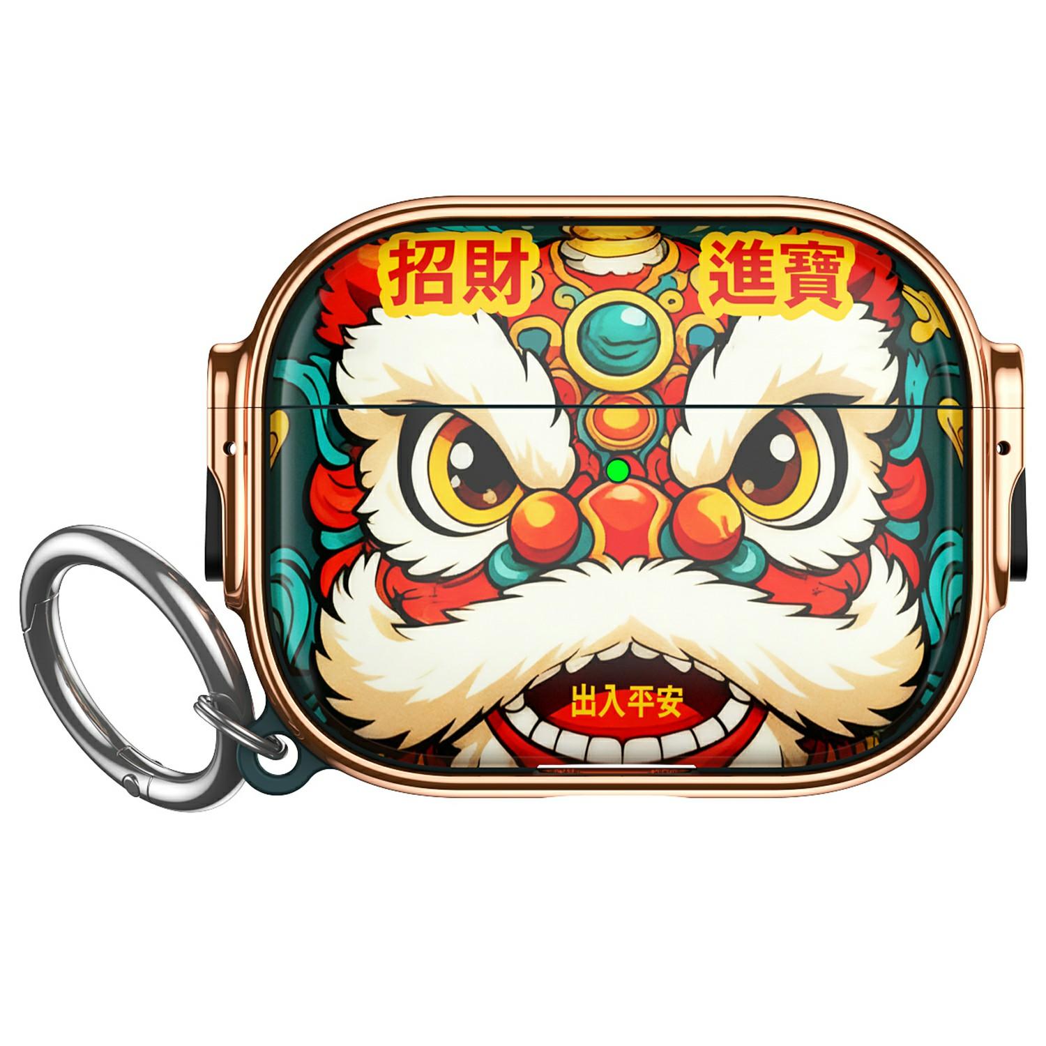 

For AirPods Pro 3 Case Lion Head Fortune Painted Electroplated TPU PC Earbuds Cover with Switch / Carabiner