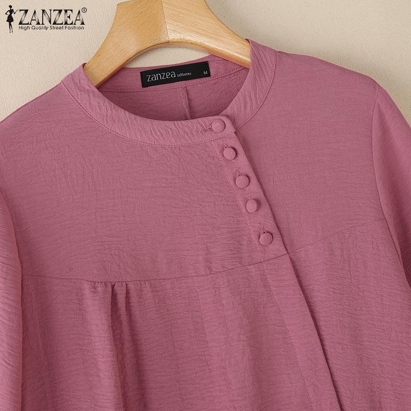ZANZEA Women Casual Round Neck Solid Color Loose Long Sleeve Blouse