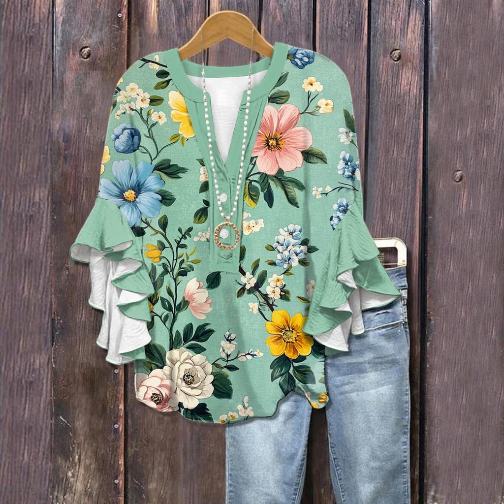 Summer Tops For Women Cute V Neck 3/4 Sleeve Blouses Floral Print Top Casual Shirts