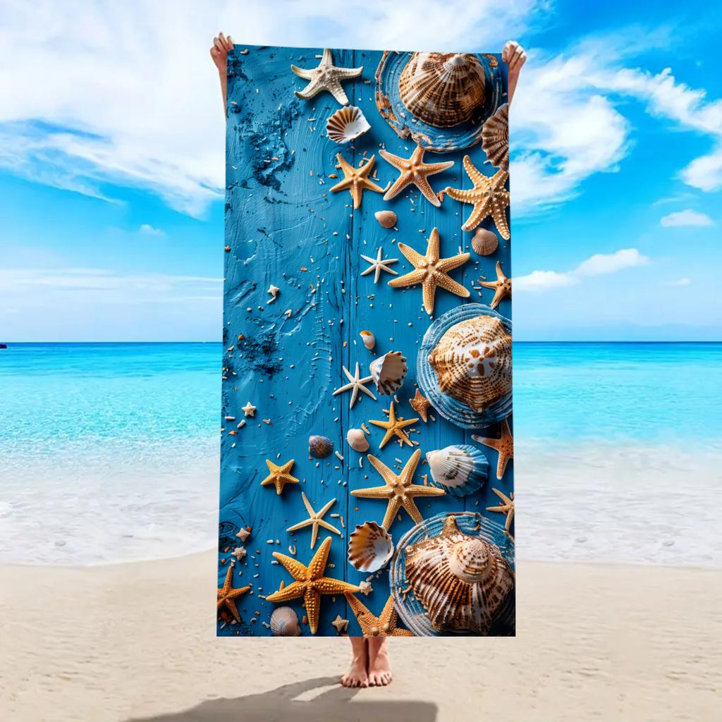 Beach-Style Shell & Starfish Polyester Beach Towel, 2D Printed, Quick-Dry Lightweight, All-Season Unisex, Ideal for Beach/Surfin