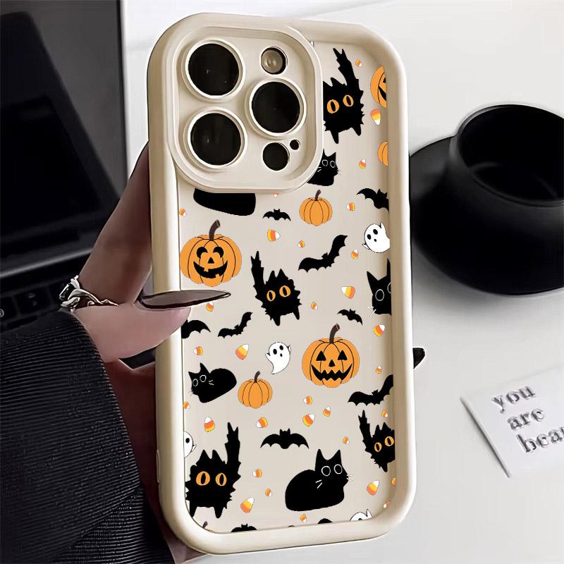 Halloween Cat Pumpkin Bat Silicone Soft TPU Phone Case for iPhone 16 Pro Max 15 Plus 14 13 12 11 17 Air 16E Shockproof Cover