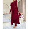 Herfst Winter Huis Casual Damespak Modieus Effen Kleur Ronde Kraag Super Lange Split Top Slimme Broek Tweedelig Pak