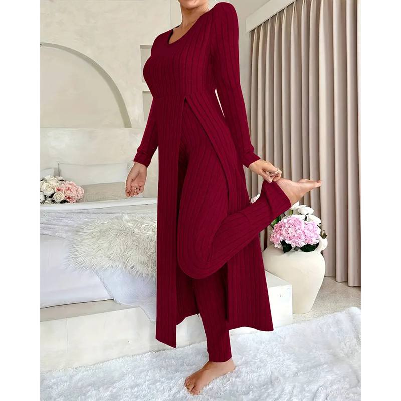 Herfst Winter Huis Casual Damespak Modieus Effen Kleur Ronde Kraag Super Lange Split Top Slimme Broek Tweedelig Pak