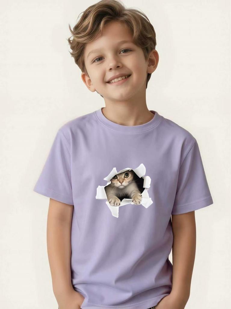 Boy's Simulated Cat Print Round Neck Short-sleeved Children's Summer Skin-friendly