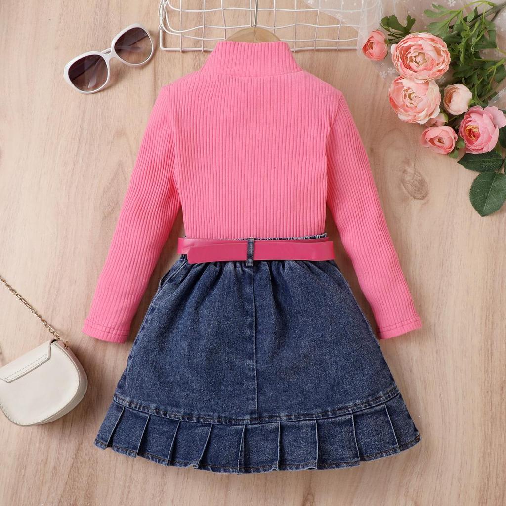 Ensemble de mode pour filles, Haut à manches longues décontracté uni d'été pour enfants, Ensemble jupe plissée en denim