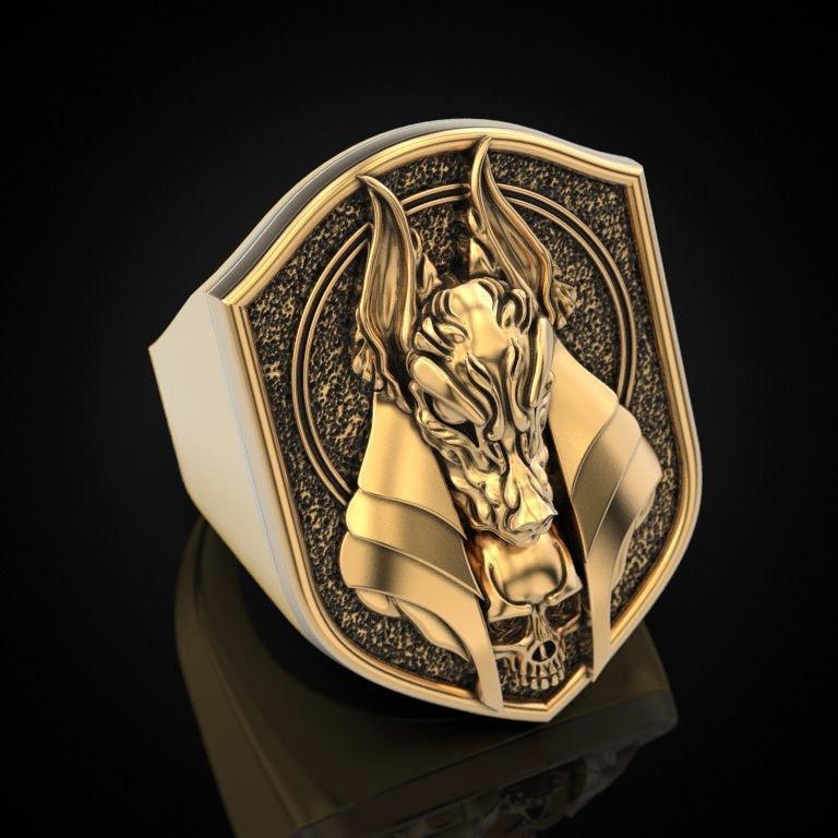 Zhenrong Anubis 18k Gold-Plated Men's Ring - Creative Ancient Egyptian Mythology Design with Jackal Head and Human Body.