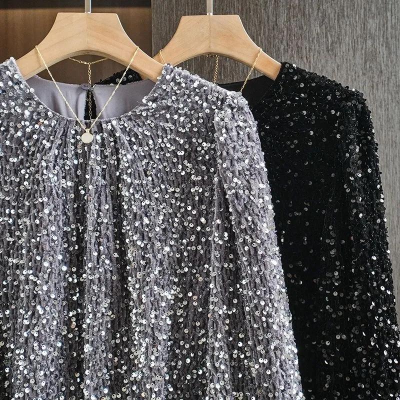 Dámské podzimní designové tričko s dlouhým rukávem a flitry, design s kulatým výstřihem, elegantní základní top