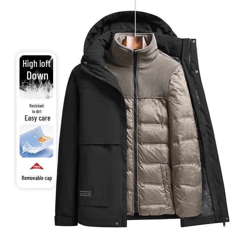 Men's Mid-Length Winter Down Jacket with Detachable Liner and Hood – Suitable for Middle-Aged and Elderly, Dad's Style, Thickened Coat