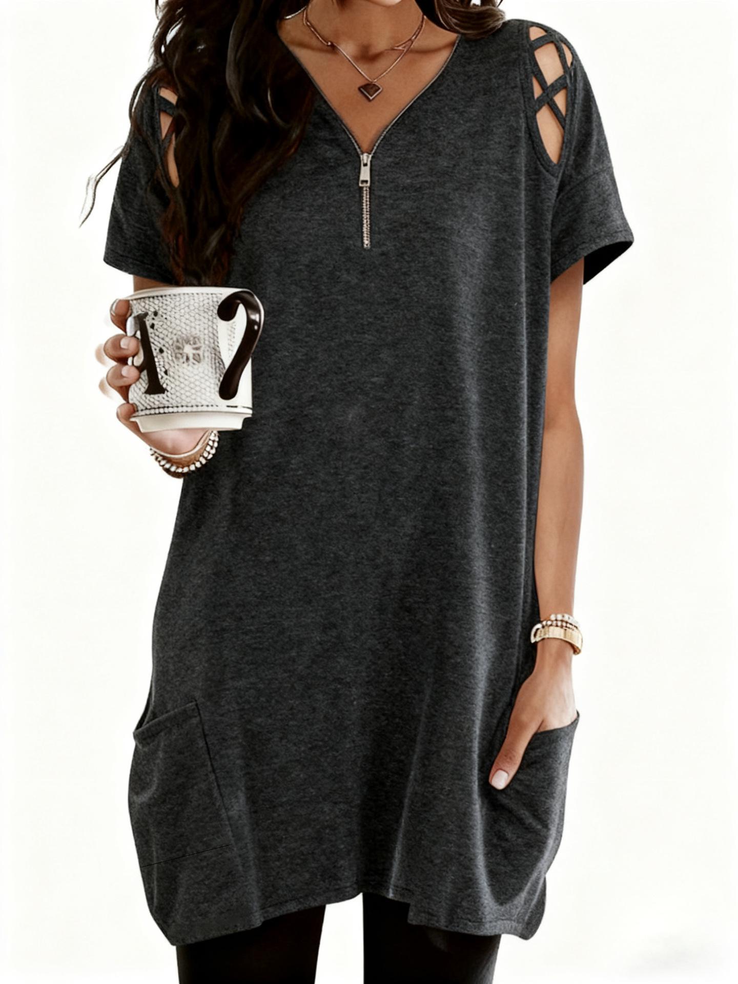 

2026 Summer European & American Plus Size Women s Loose Hollow Sleeve V-neck Zipper Crossover T-shirt 3XL сірий колір