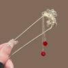 Traditional Hanfu Style Ginkgo Leaf Hair Stick with Red Velvet Zircon Inlay Pearl Red Bead Tassel Silver Metal Frame