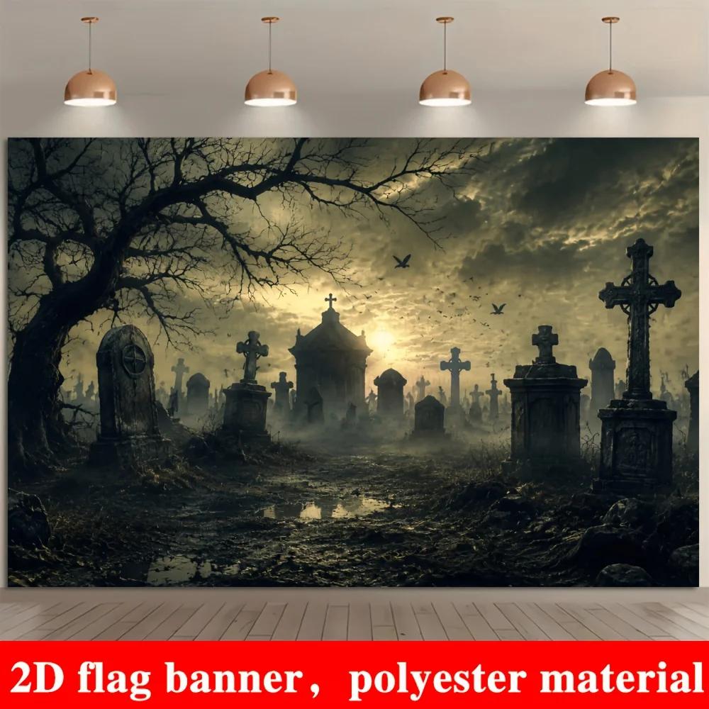 One 2D flag - Halloween cemetery theme banner background eerie cemetery scene.PMJ