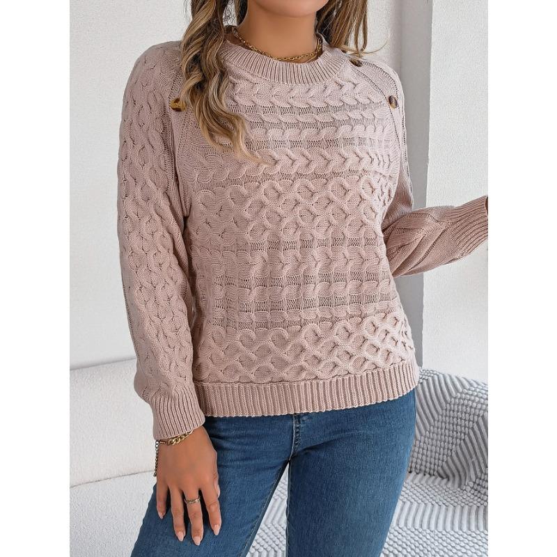 Neuer einfarbiger Pullover mit gedrehten Knöpfen und Laternenärmeln für Damen im Herbst und Winter