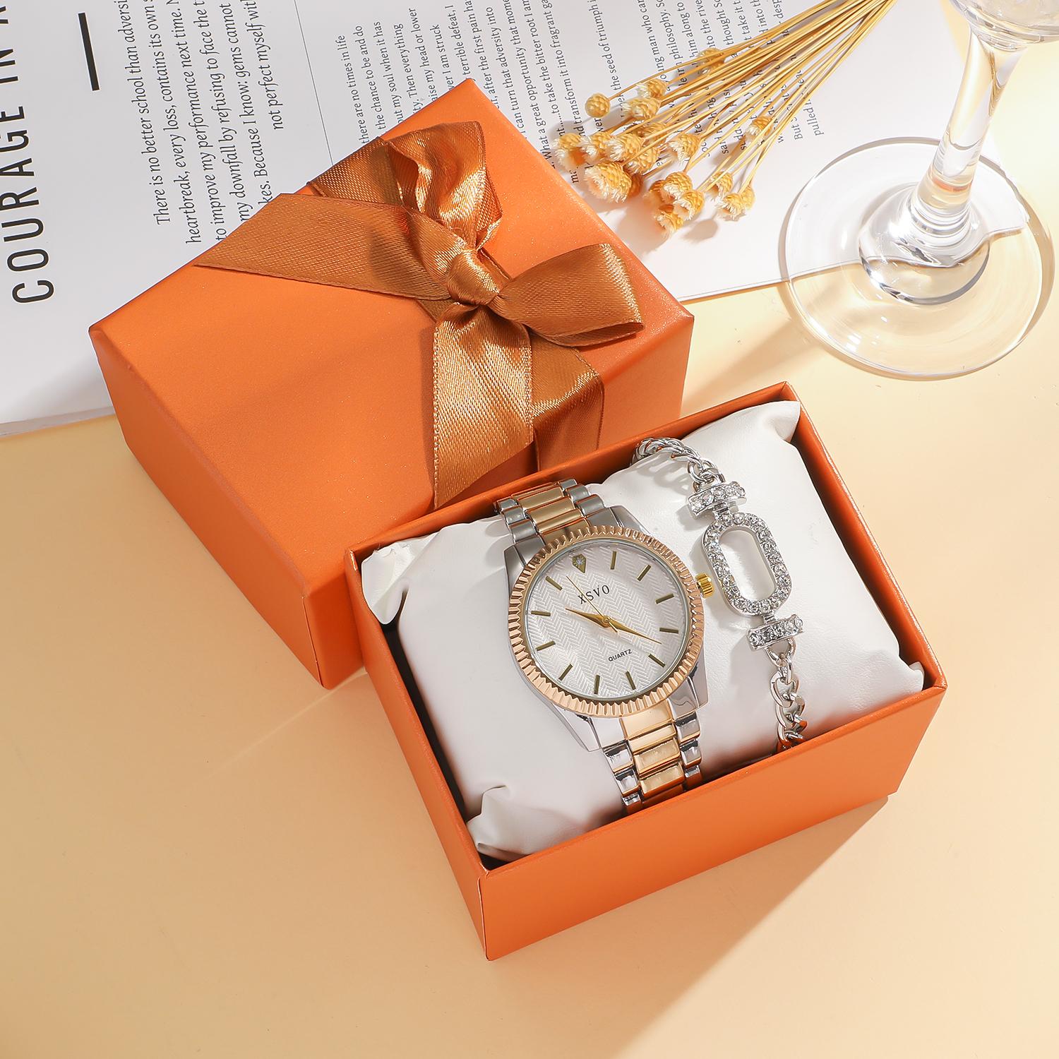 

Набор из 2 предметов изысканных высококлассных модных кварцевых часов с круглым циферблатом и стальным браслетом без подарочной коробки разноцветный