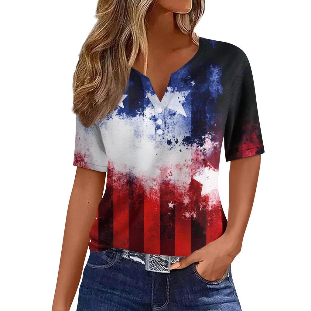 Women's Fashion Casual Independence Day Printed V-Neck Short Sleeve Button Top