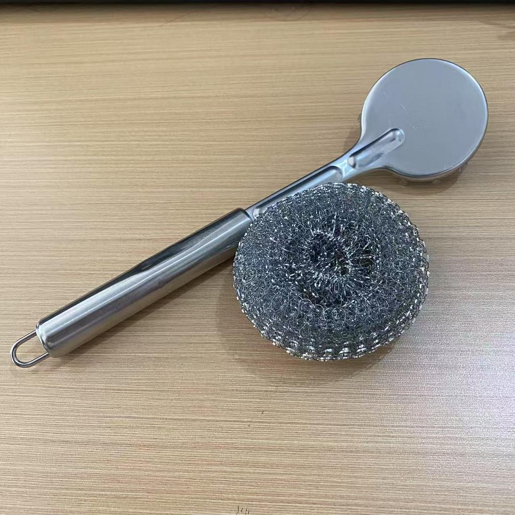 Stainless Steel Pot Brush - Non-Scratch, Long Handle Cleaning Brush with Steel Wool Ball