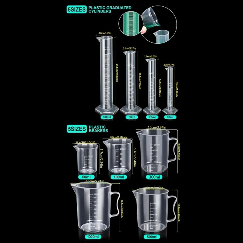 11Pcs 10ml, 25ml, 50ml, 100ml Graduated Cylinders, 50ml, 100ml, 250ml, 500ml, 1000ml Beakers, Pipettes Set with Brush